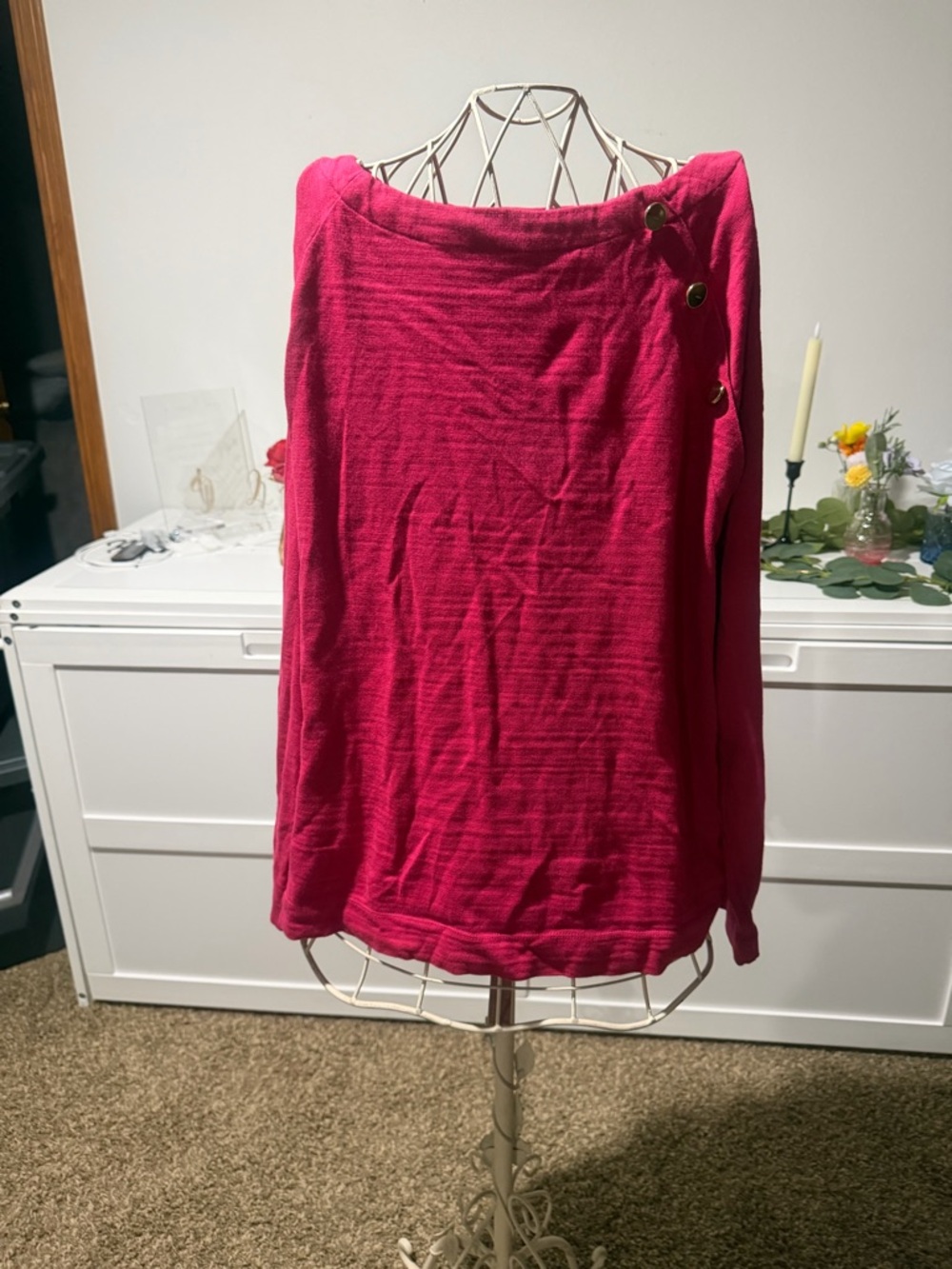 LOFT Hot Pink Off-Shoulder Sweater with Button Accents